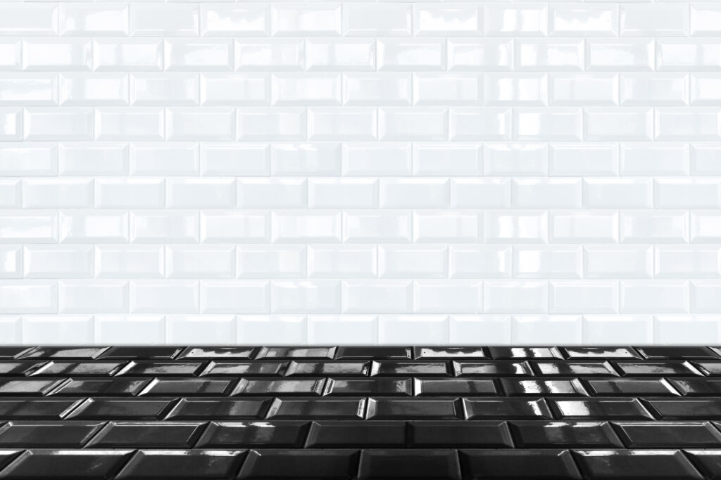 Glossy White Ceramic brick tile wall and black tile floor